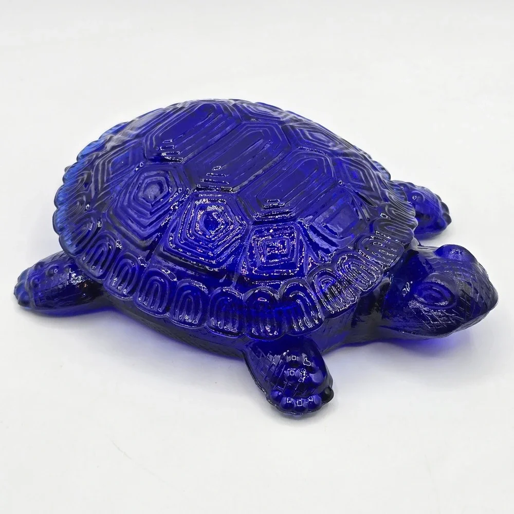 Vintage Art Glass Cobalt Blue Glass Turtle Trinket Box Dish With Shell Lid